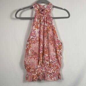 Elegant Paisley Halter Neck Blouse Pink & Orange. Womens M. Elastic Bottom